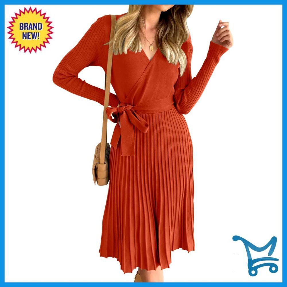 Long Sleeve Wrap V Neck Ribbed Knit Pleated A Line Pullover Sweater Dress with